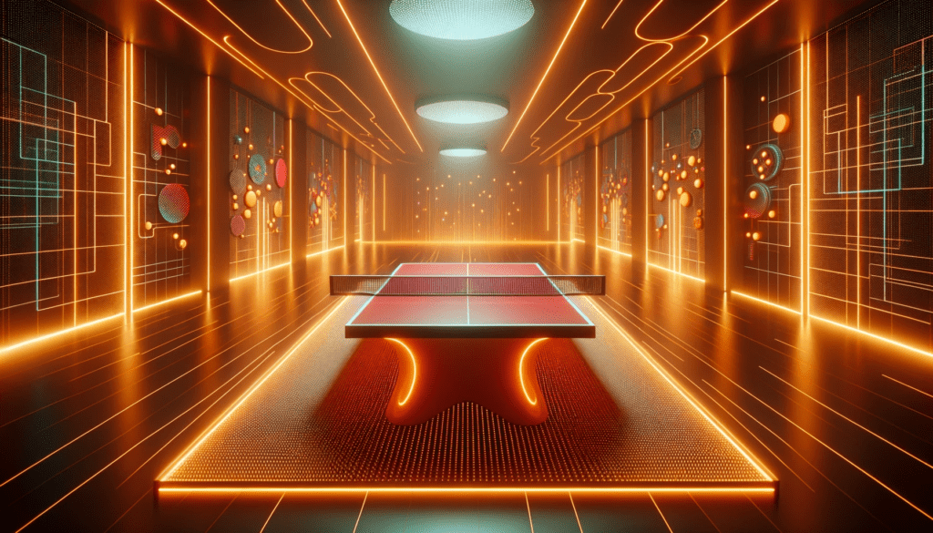 mesa futurista de ping pong numa sala iluminada de cores amareladas