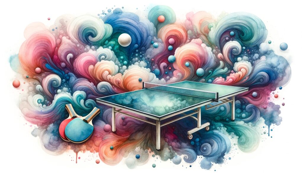 imagem com uma mesa colorida de ping pong com fumaças coloridas ao redor