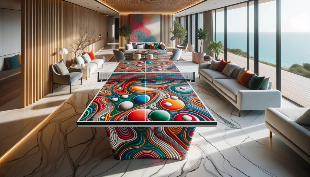 mesa de ping pong colorida numa sala com janelas de vidro