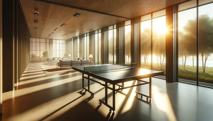 Foto de uma sala interna espaçosa com uma mesa de ping pong posicionada perto de grandes janelas