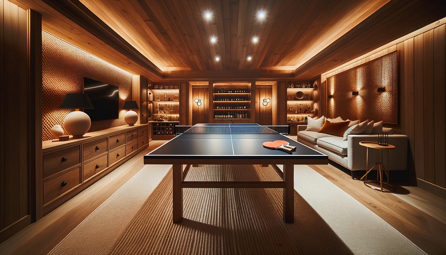 Foto de uma sala de jogos no porão apresentando uma mesa de ping pong