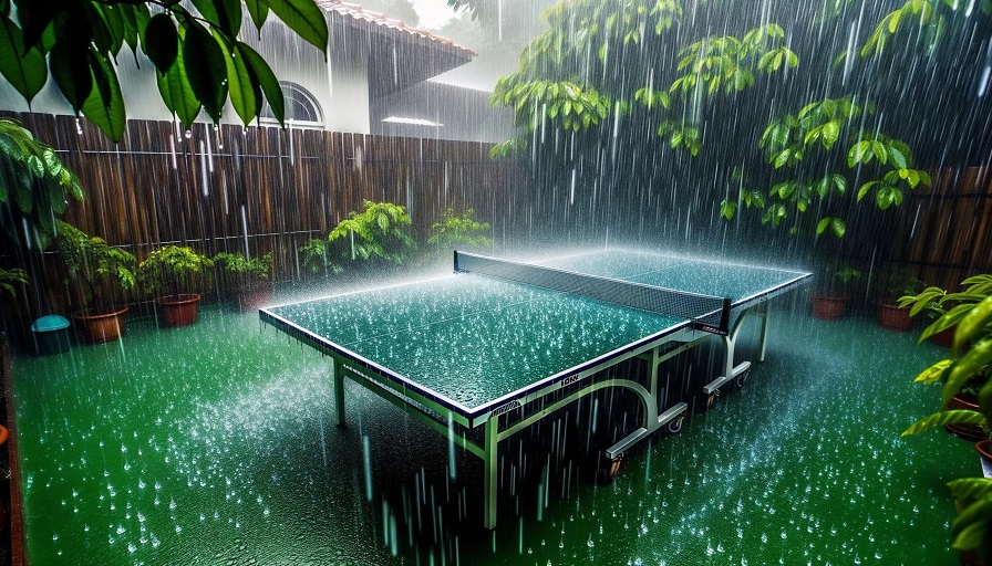 Foto de uma mesa de ping pong ao ar livre durante uma chuva torrencial