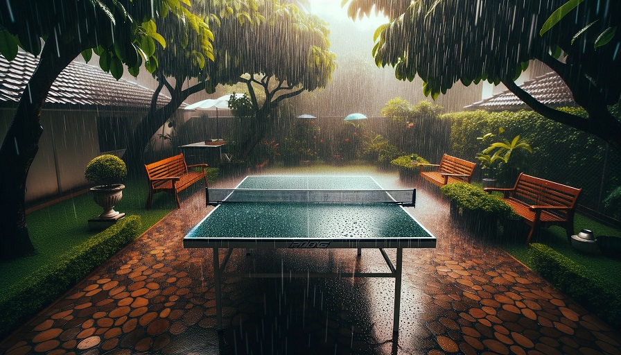 Foto de uma mesa de ping pong em um jardim sob uma chuva suave
