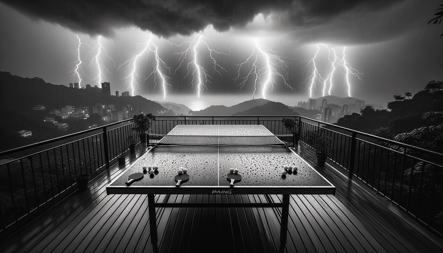 Foto de uma mesa de ping pong em um terraço sob uma tempestade