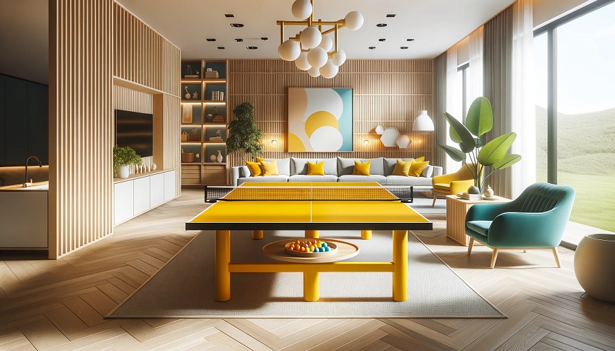 Foto de uma sala de jogos contemporânea exibindo uma mesa de ping pong com uma superfície amarela vibrante