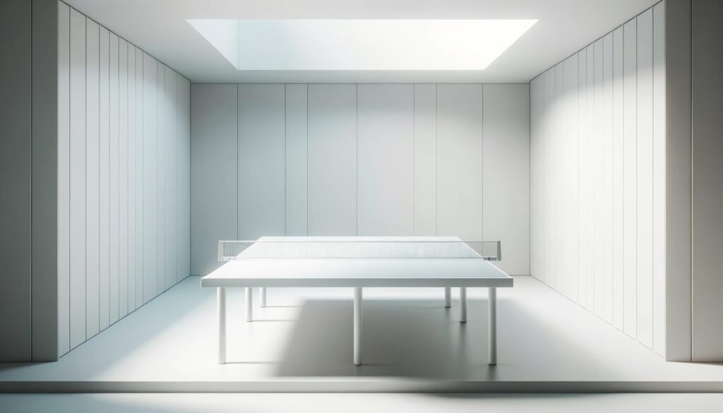 Foto de uma área esportiva minimalista destacando uma mesa de ping pong com uma superfície branca impecável