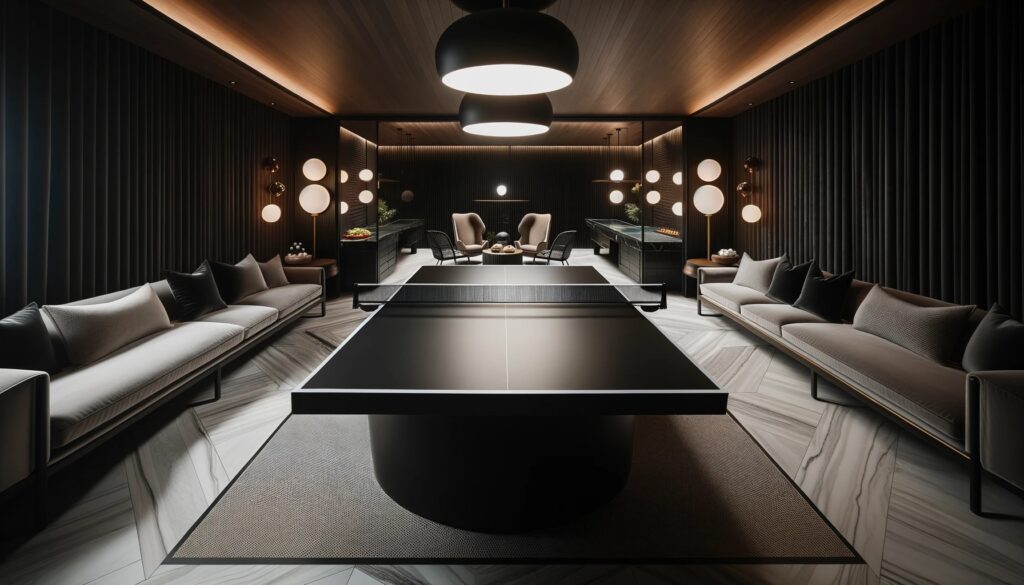 Foto de uma sala de jogos centrada em uma mesa de ping pong com uma superfície preta única