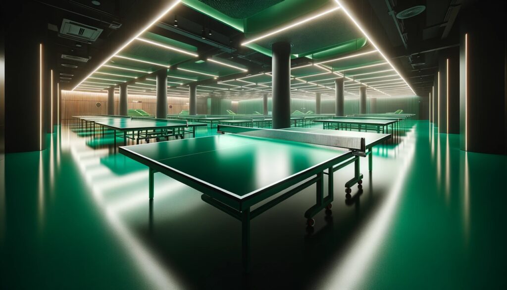Foto de uma instalação esportiva moderna destacando uma mesa de ping pong com uma superfície verde marcante