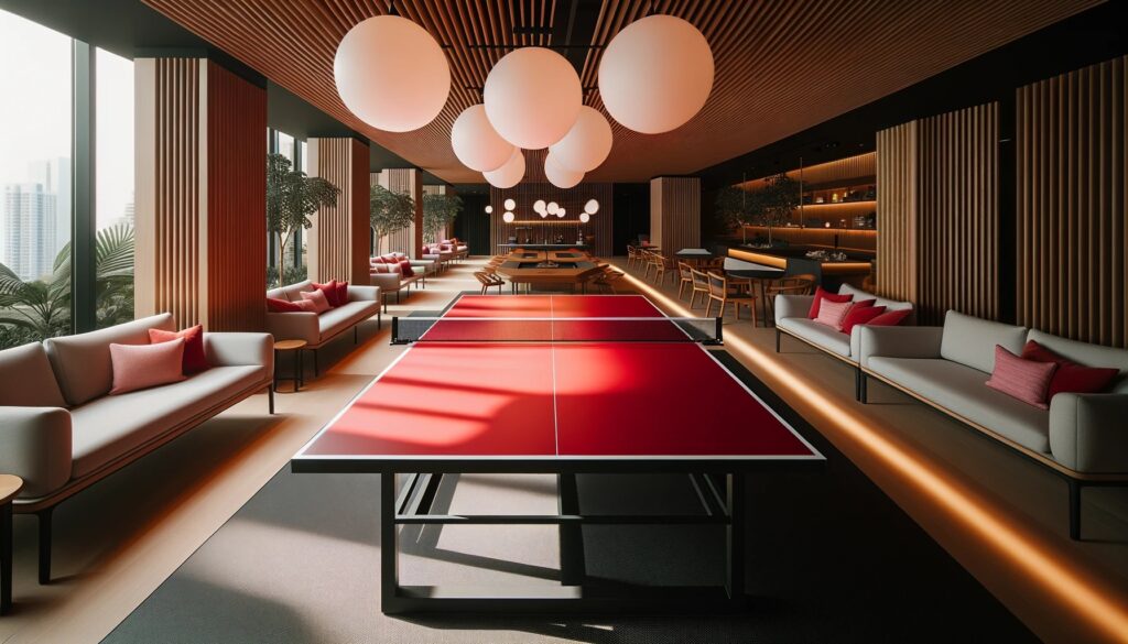 Foto de uma área recreativa enfatizando uma mesa de ping pong com uma superfície vermelha ousada