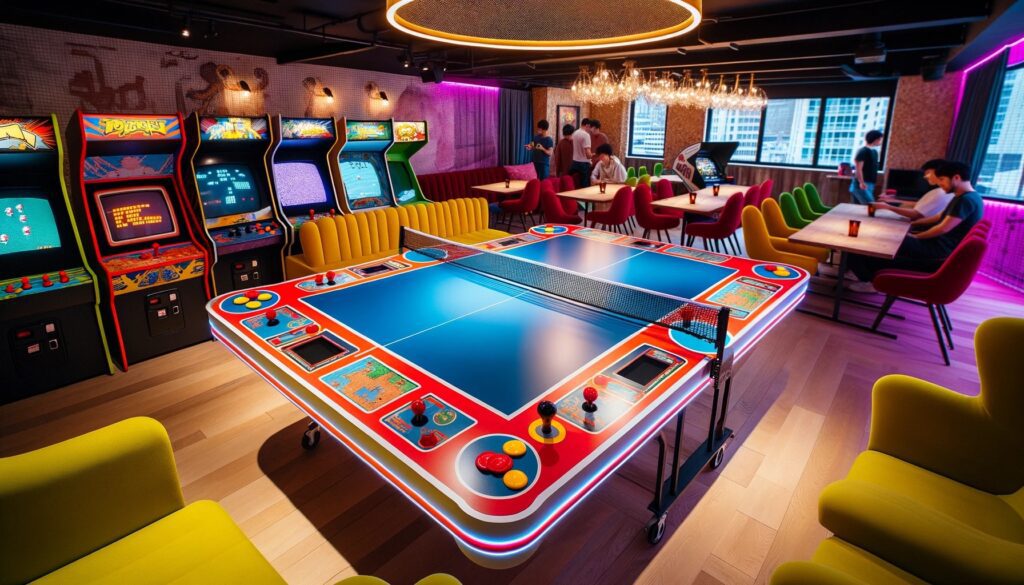 Foto de uma sala de jogos vibrante onde uma mesa de ping pong foi engenhosamente transformada em uma mesa de arcade retrô.