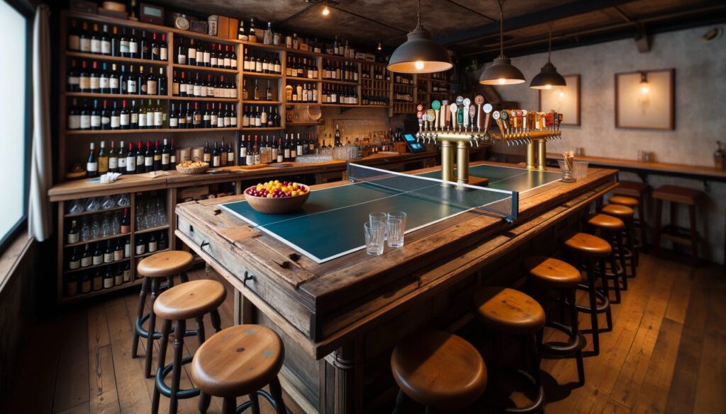 Foto de uma taverna rústica onde uma mesa de ping pong vintage agora serve como o principal balcão do bar. A mesa contém uma variedade de garrafas de vinho, torneiras de cerveja.