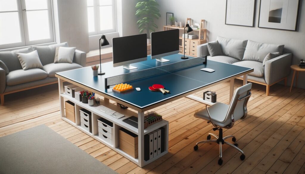 Foto de uma sala espaçosa onde uma mesa de ping pong foi inovadoramente convertida em uma mesa de escritório.