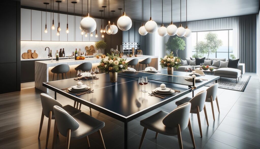 Foto de uma cozinha e área de jantar com conceito aberto onde uma mesa de ping pong serve como a mesa de jantar central.