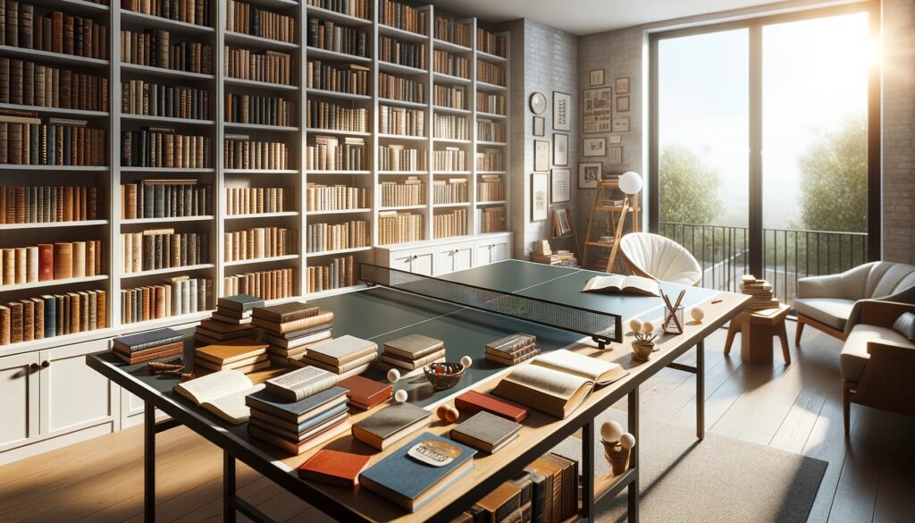 Foto de um escritório domiciliar iluminado pelo sol onde uma mesa de ping pong serve como a mesa central de leitura e estudo.