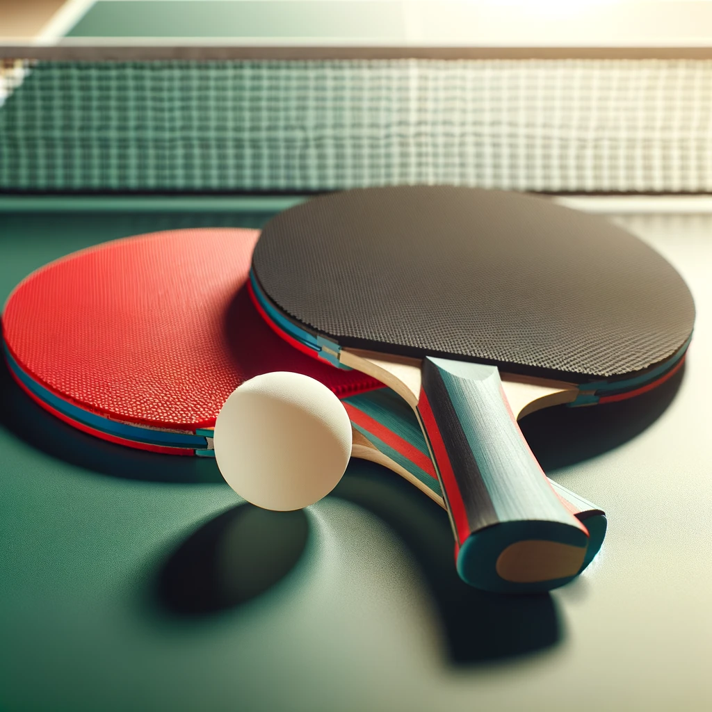 Duas raquetes de ping pong com superfícies de borracha, uma vermelha e outra preta, deitadas ao lado de uma bola de ping pong branca em uma mesa verde. As raquetes estão posicionadas com os cabos cruzados e a bola está colocada entre elas. A cena se passa em uma sala bem iluminada com um vislumbre da rede da mesa ao fundo.