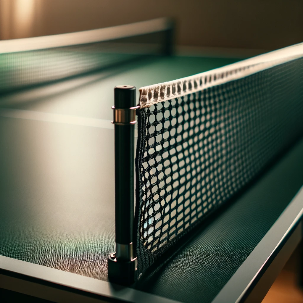 Uma visão de perto de uma rede de tênis de mesa esticada sobre uma mesa de ping pong verde. A rede é preta com um acabamento branco ao longo da borda superior. A cena captura a textura da rede, a tensão das cordas e as braçadeiras de metal que fixam a rede à mesa. O fundo está suavemente focado, destacando a rede e uma parte da mesa.